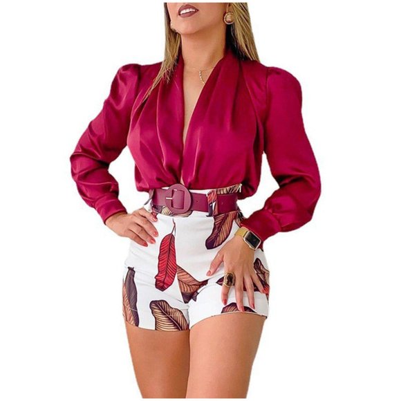 Summer Long Sleeve Solid Color Tops Casual Two Piece Outfits - Picture 4 of 7